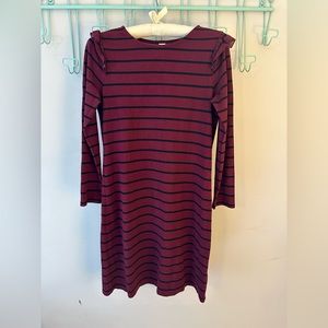Burgundy and black striped sweatshirt dress with ruffle shoulder